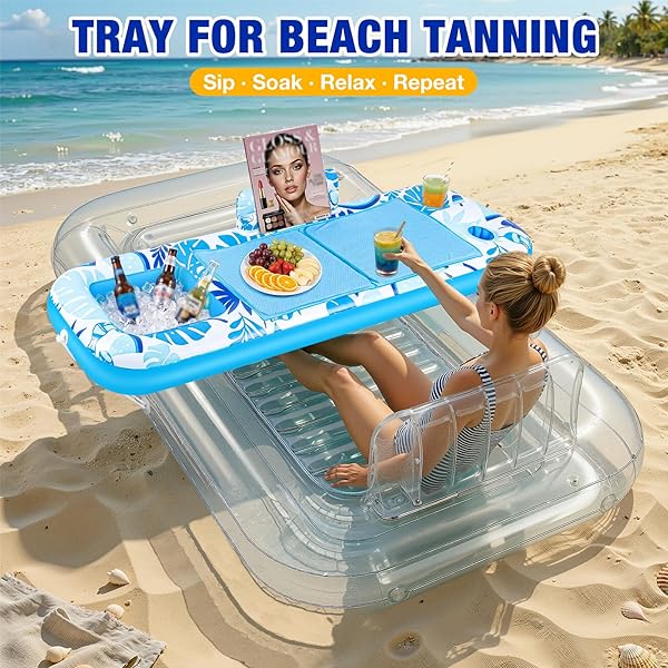 AYEBOOVI EXTRA LARGE INFLATABLE TANNING POOL FLOAT TRAY – 61″ L X 18″ W NON-SLIP SUNBATHING BED TRAY WITH COOLER ICE BAR FOR TANNING LOUNGE RAFT & BLOW UP SUNTAN TUB POOL STUFF PARTY GIFTS