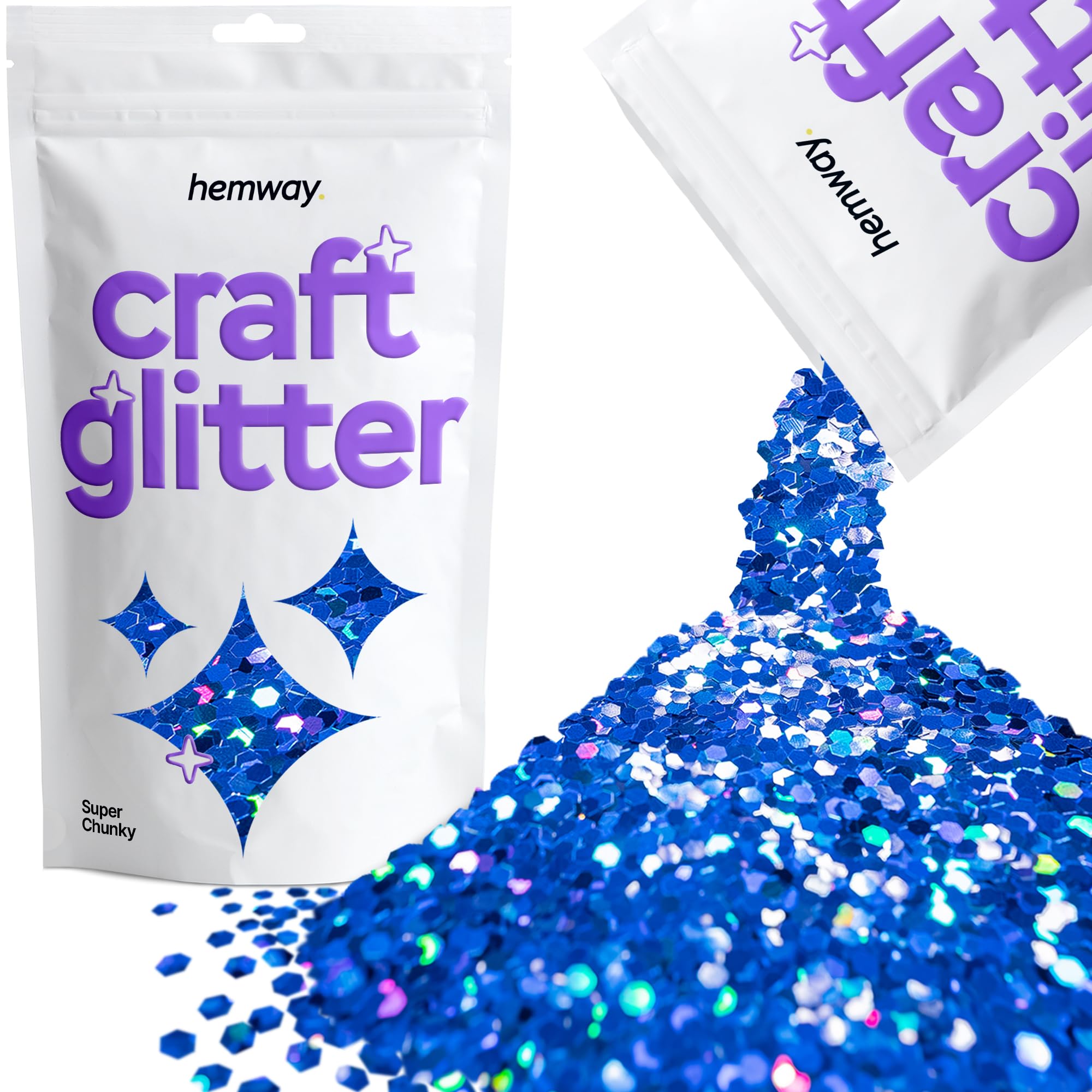 Hemway Craft Glitter Sapphire Blue Holographic 100g Super Chunky Glitter for Crafts, Resin, Cosmetic, Nail, Face, Body, Festival, Tumblers, Art, Candle, Crafting