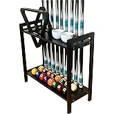 GACCO BILLIARDS Pool Stick Holder Floor Stand Holds 9 Cues &amp; Pool Table Accessories. Wooden 2-Tier Cue Stick Storage with Ball Rack Hangers, Billiard Cone Chalk Holder or Drink Pads