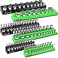 Magnetic Socket Organizer Set, 6-piece 1/4", 3/8", 1/2" SAE & Metric Socket Holder, Drive Socket Trays, Storage Tool Box, Holding 143 Slots, Soft Rubber Covering Black Green Tools