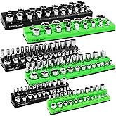 Magnetic Socket Organizer Set, 6-piece 1/4", 3/8", 1/2" SAE & Metric Sockets Holder, Drive Socket Trays, Storage Tool Box, Holding 143 Slots, Soft Rubber Covering Black Green Tools