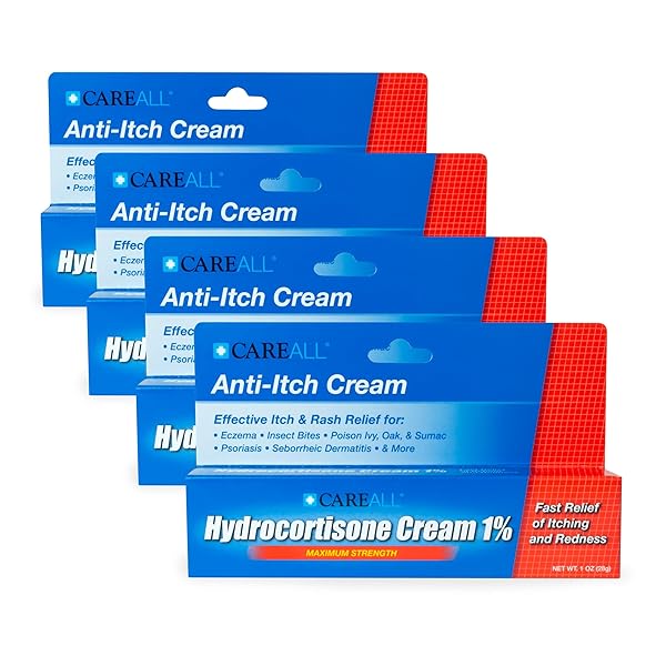CAREALL HYDROCORTISONE 1%, 1OZ TUBE (PACK OF 4), MAXIMUM STRENGTH ANTI-ITCH CREAM, RELIEF FROM ITCHING AND REDNESS FROM BUG BITES, ECZEMA, PSORIASIS, POISON IVY, OAK AND SUMAC