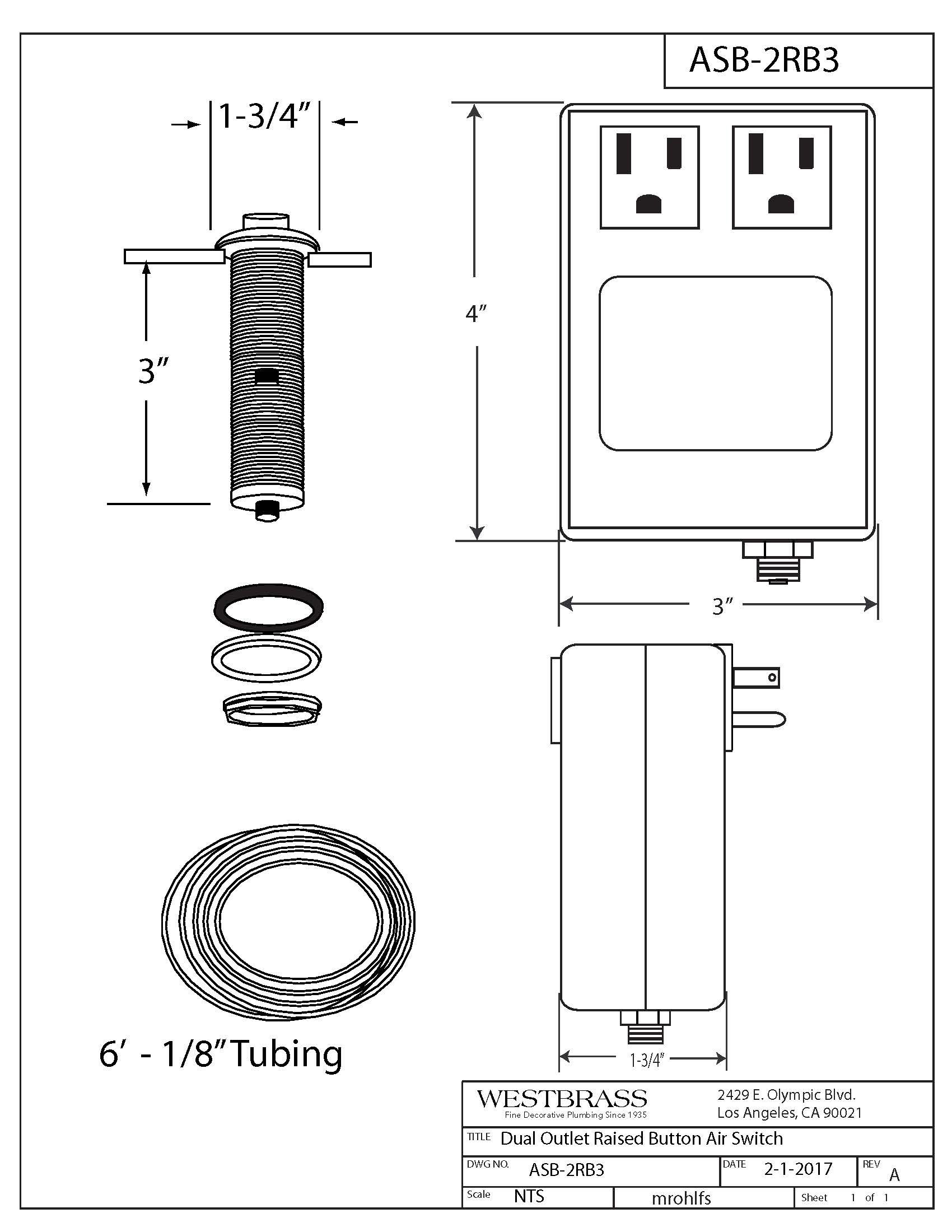 Westbrass ASB-2RB3-20 Sink Top Waste Disposal Air Switch and Dual Outlet Control Box, Raised Button, Stainless Steel