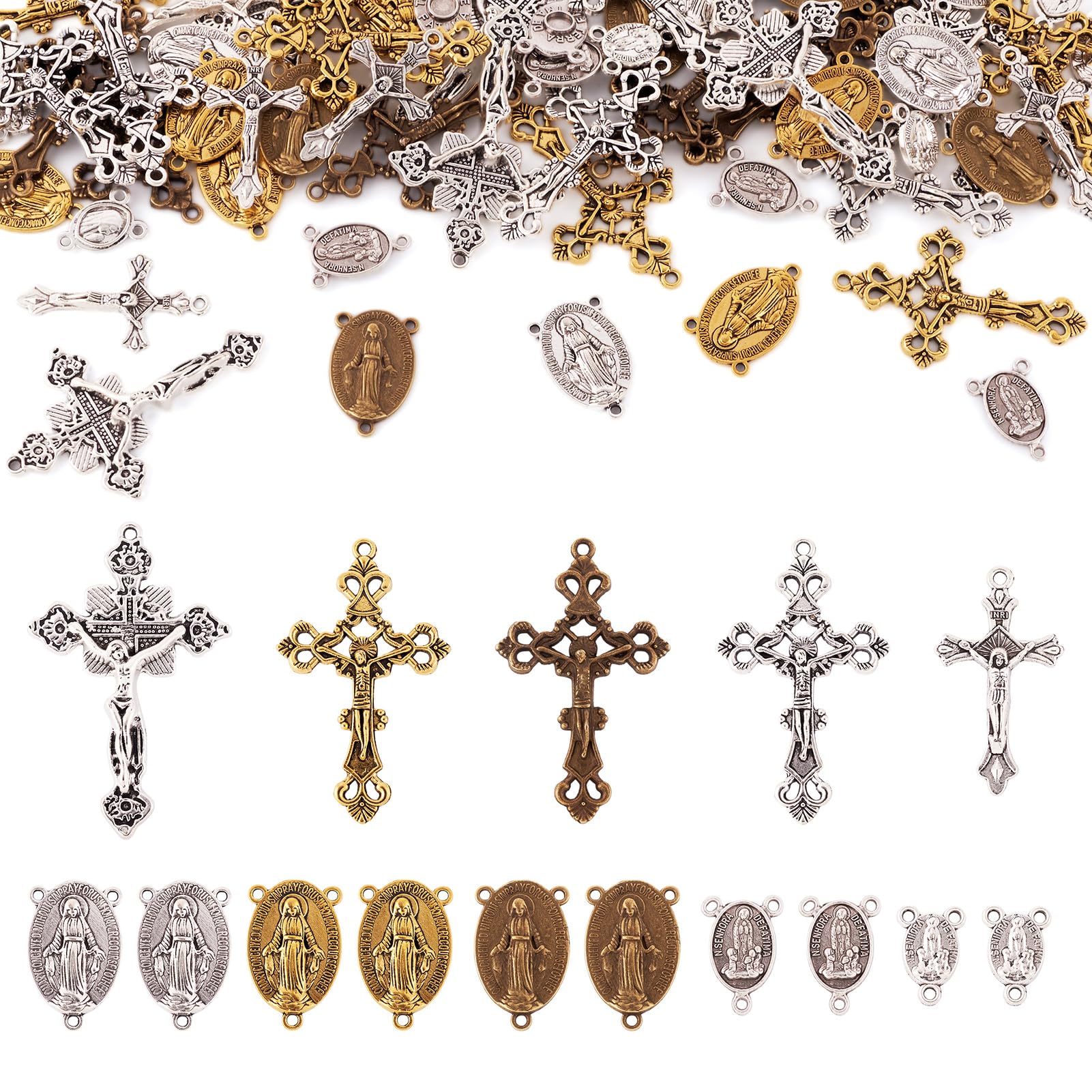 Craftdady 70pcs Tibetan Mixed Crosses Crucifix Pendants Virgin Mary Religious Charms for Jewelry Necklace Making, Hole: 1.5-2mm