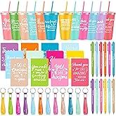 Hollowfly 48 Pcs Inspirational Appreciation Gifts Thank You for Employee Coworker, 24 oz Plastic Cup with Lid Straw Notebooks Ballpoint Pens Keychain for Thanksgiving Christmas Gifts (Pastel Color)