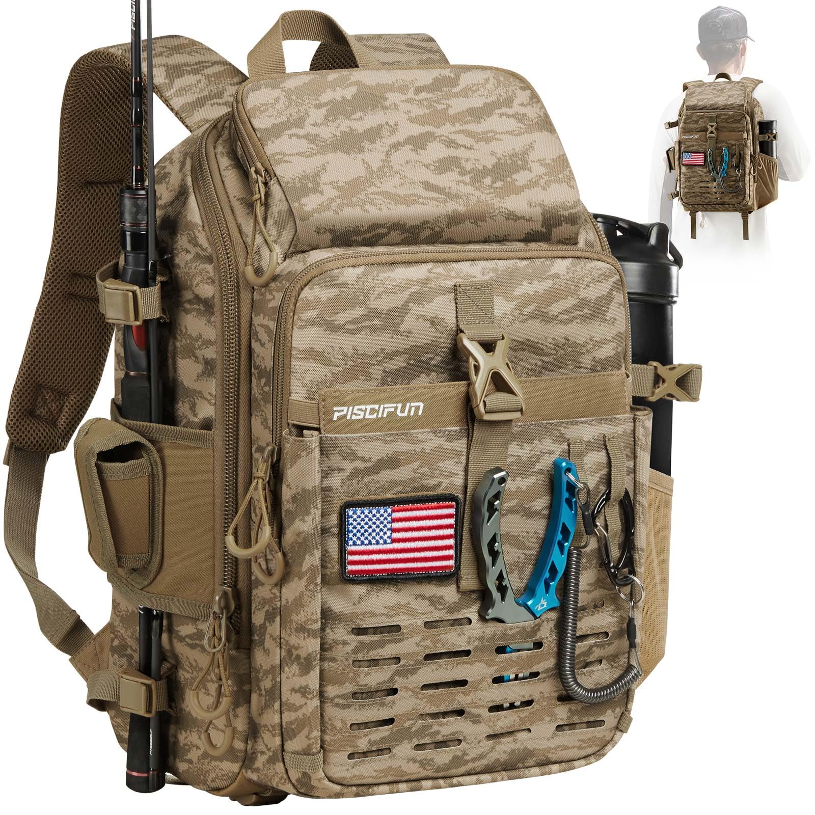 Photo 1 of Piscifun Fishing Tackle Backpack with Rod & Gear Holder, Lightweight Outdoor Water-Resistant Fishing Shoulder Storage Bag with Protective Rain Cover, Khaki Camouflage