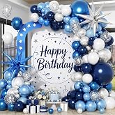 Blue White Silver Balloon Arch Garland Kit with Foil Star Confetti Balloons | Metallic Baby Blue Silver Pearl Navy Light Blue White Balloon Arch for Birthday Wedding Birdal Shower New Year Party Decor