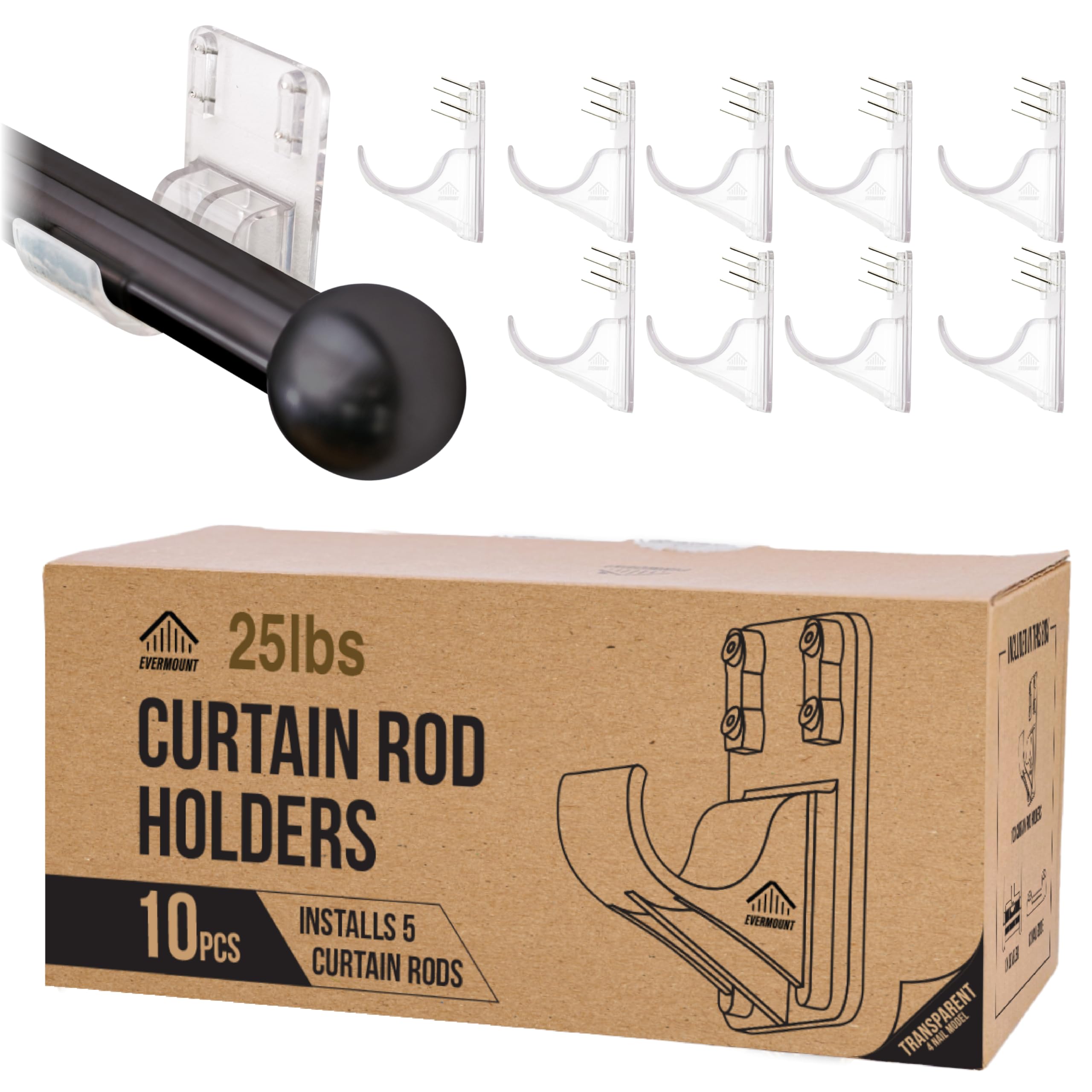 View 1 of 10pcs Heavy Duty Curtain Rod Holders with Wide Hook, 5X Stronger Than Adhesive Curtain Rod Hooks, 25 LBS Tension Curtain Rod Bracket for Wall with Level and Pin Guide, Minimal Damage Curtain