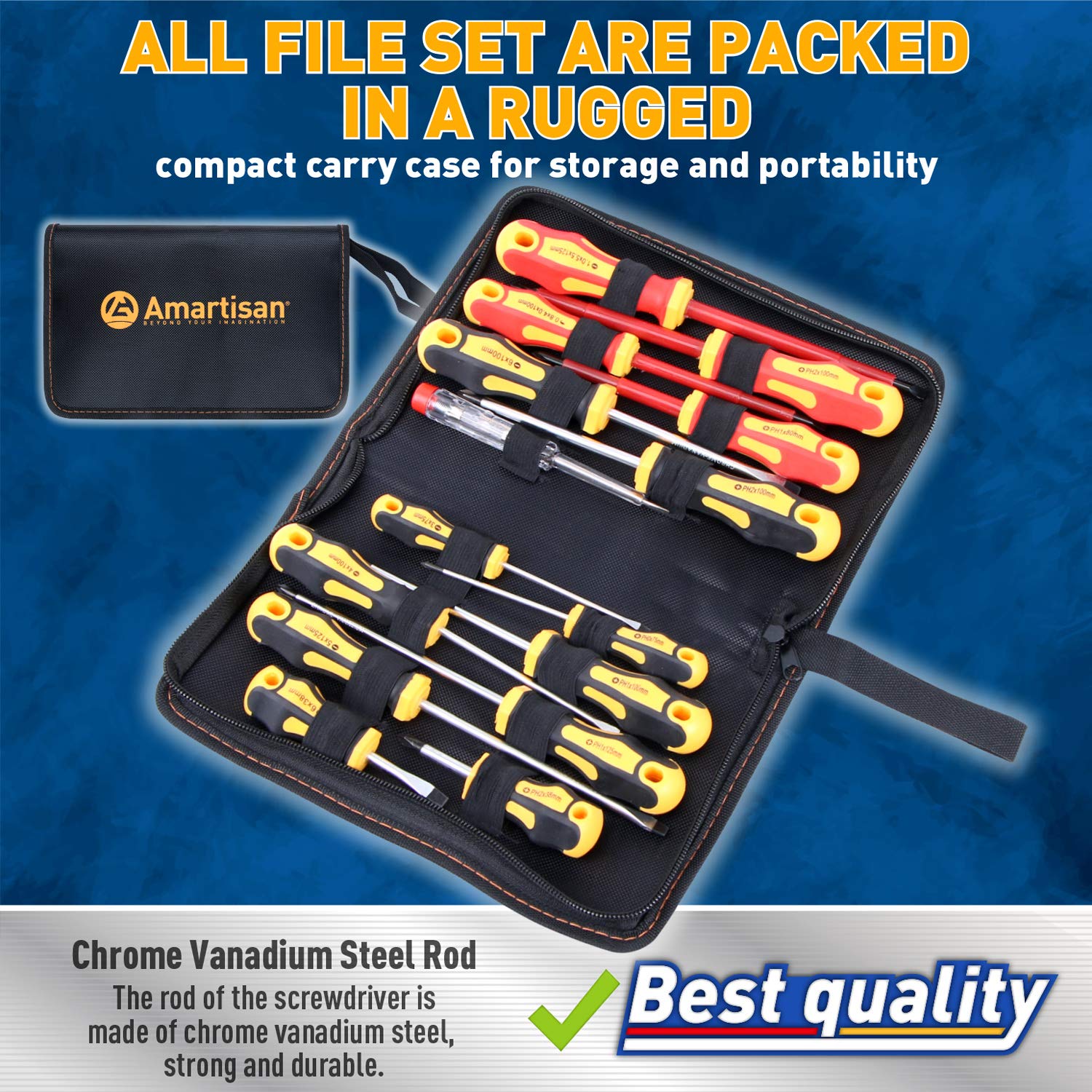 Amartisan 15-Piece Magnetic Screwdrivers Set, 5 Phillips Slotted Tips and Insulated Screwdriver Set (1000V)，Professional Cushion Grip