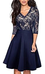 HOMEYEE Women's Chic V-Neck Lace Patchwork Flare