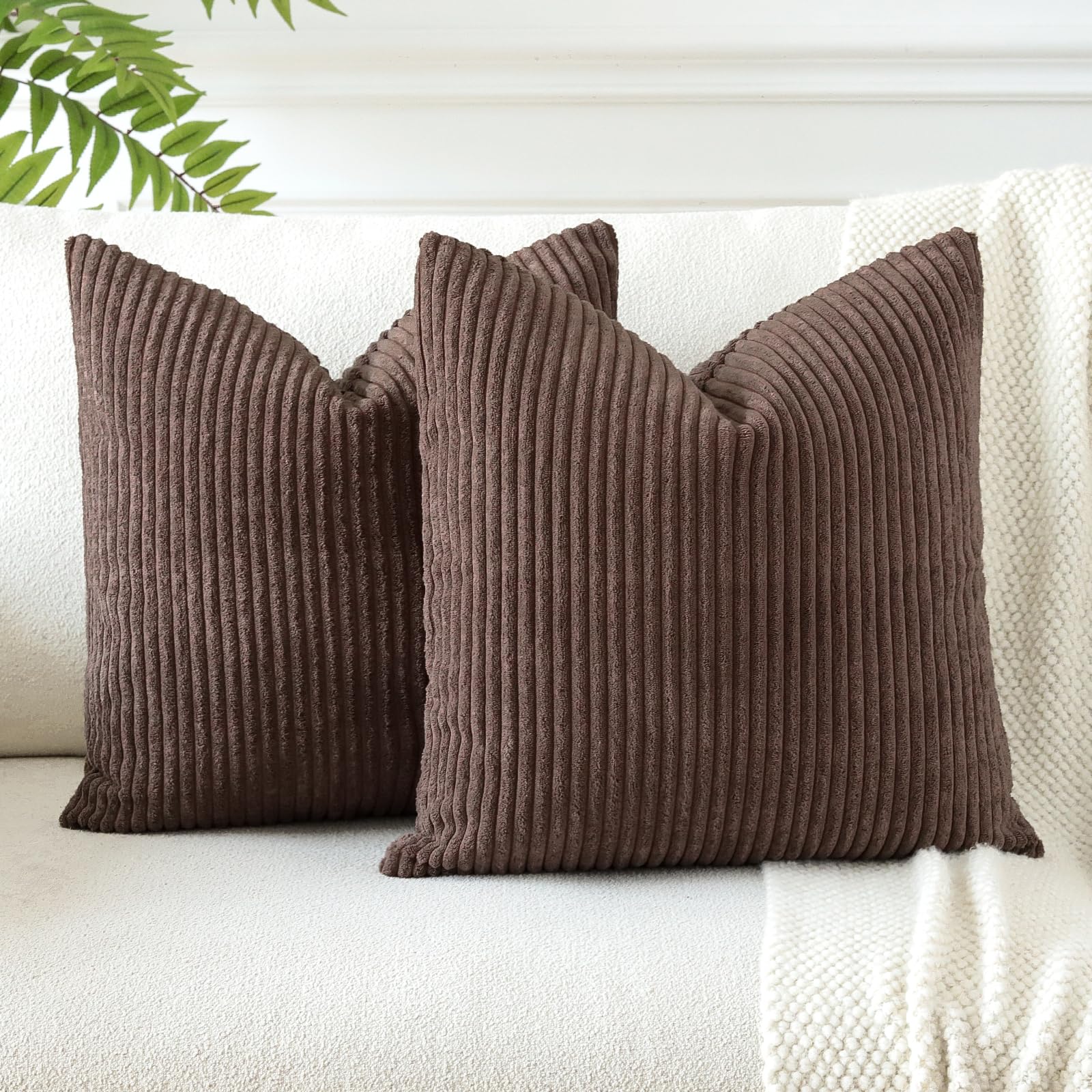 JOTOM Pack of 2 Corduroy Cushion Covers 40x40 cm Soft Striped Solid Decorative Throw Pillow Covers Square Cushion Pillow Cases for Couch Sofa Living Room Bed Home Boho Decor 16x16 Inch (Dark Brown) — image 1