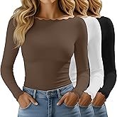 Huukeay 3 Pack Women's Long Sleeve Tops Lettuce Trim Boat Neck Shirts Slim Fit Casual Basic Fitted Tees