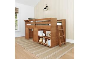 Max & Lily Modern Farmhouse Twin Low Loft Bed with Bookcase - Solid Wood, 15” Guardrails, 400-lb Capacity, Low-VOC Finish, Farmhouse Pecan