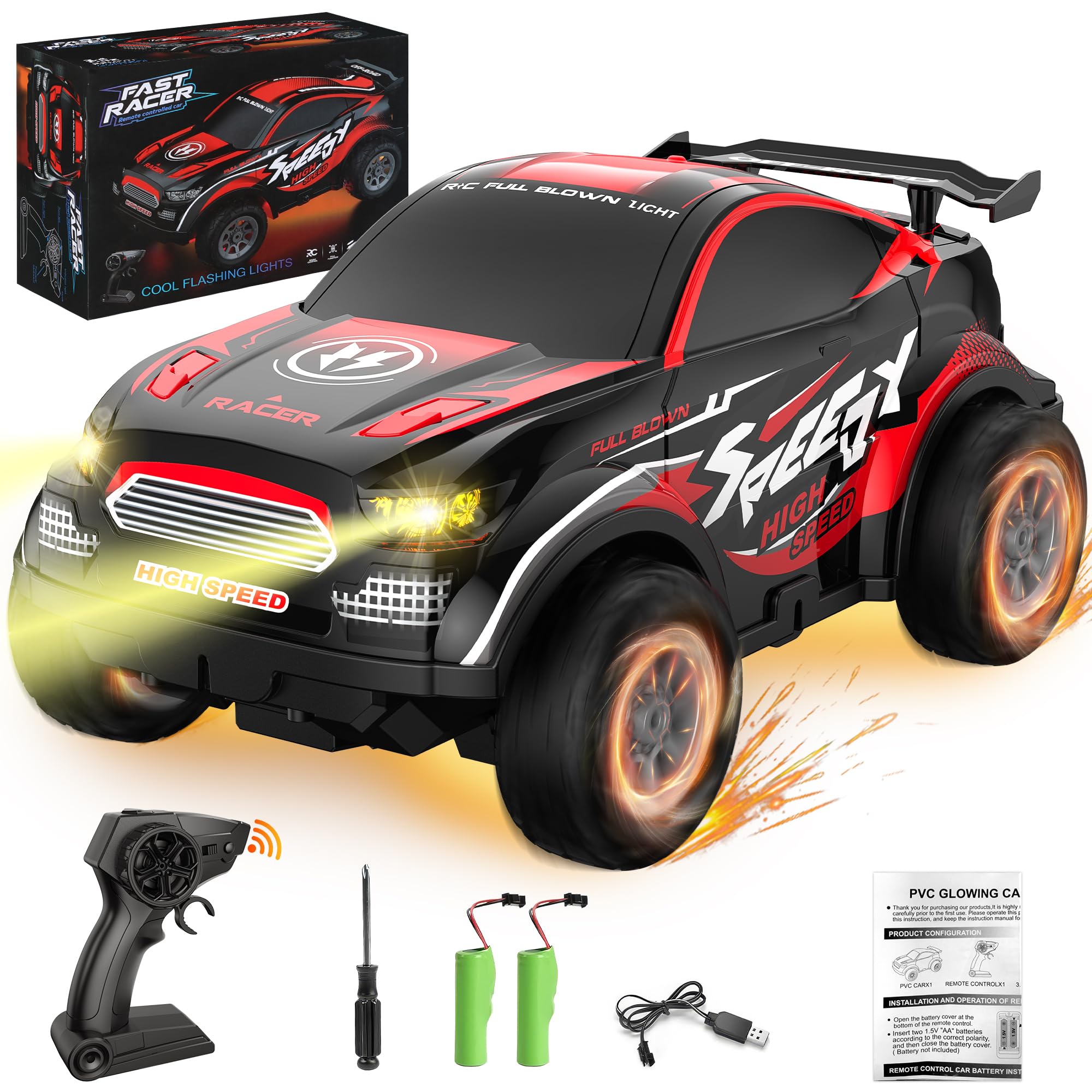 Remote Control Car with Headlight and Light-up Shell for Kids,15 KM/H High Speed 4WD RC Car with 2 Rechargeable Batteries, 2.4Ghz Remote Control Truck Toys for Boy and Girl Birthday Gift (Red)
