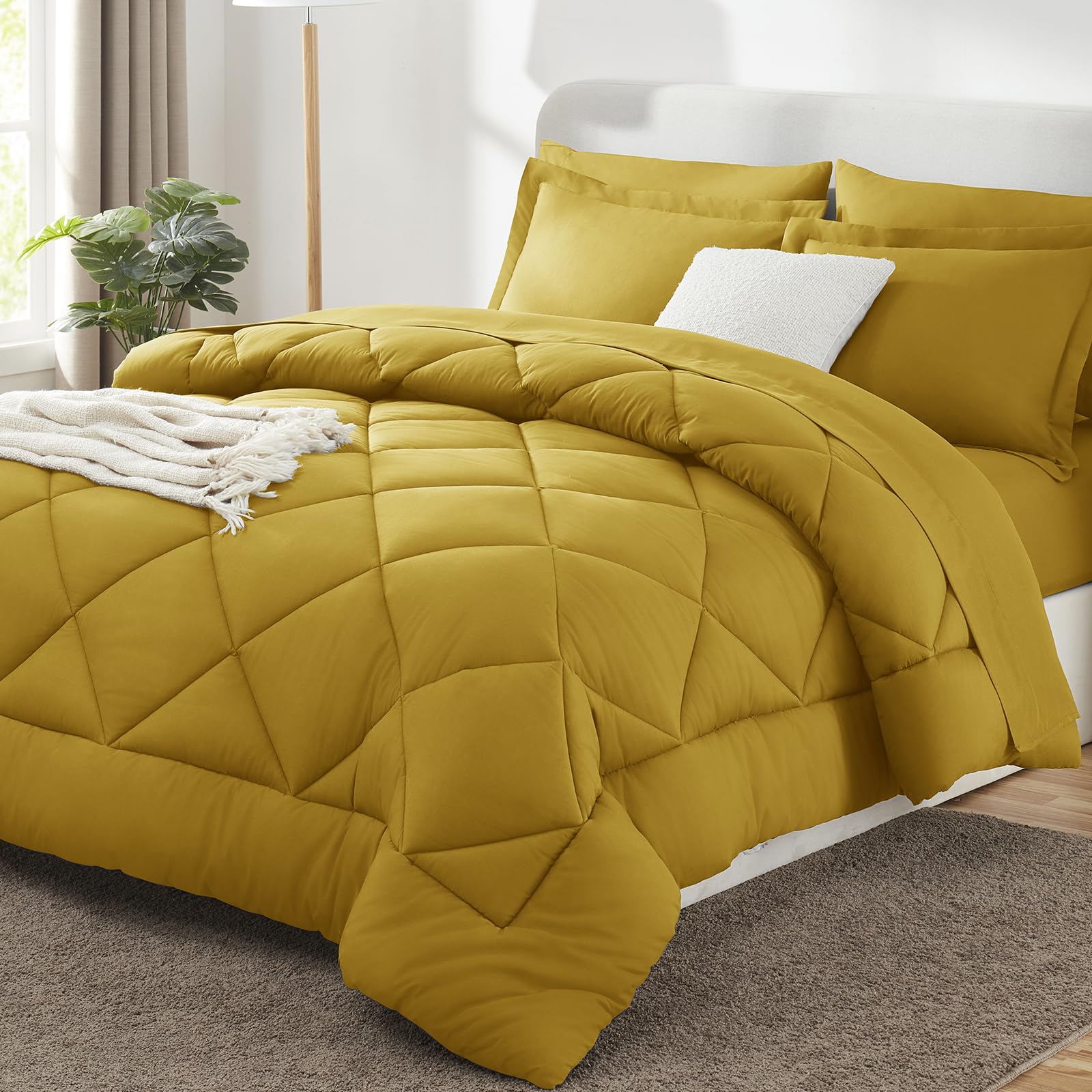 CozyLux Full Size Comforter Sets Mustard Yellow - 7 Pieces Bed in a Bag Full, Luxury Soft Bed Set for All Seasons, Bedding Set with Down Alternative Comforter, Sheets, Pillowcases & Shams Image