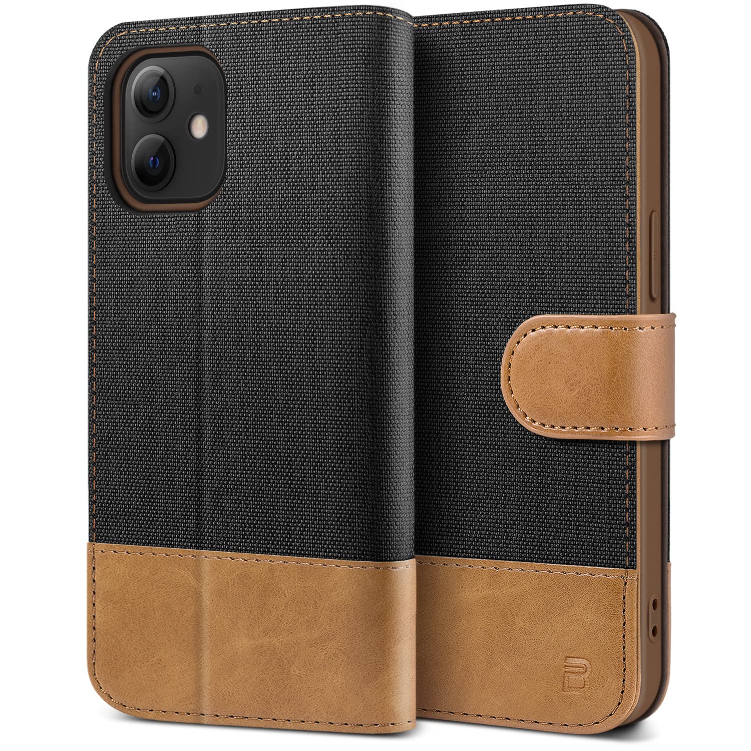 BEZ iPhone 12 Mini Case, iPhone 12 Mini Phone Case Compatible with iPhone 12 Mini, Flip Wallet Cover [Canvas Faux Leather] with Credit Card Holders, Kick Stand, Magnetic Strap Closure, Black