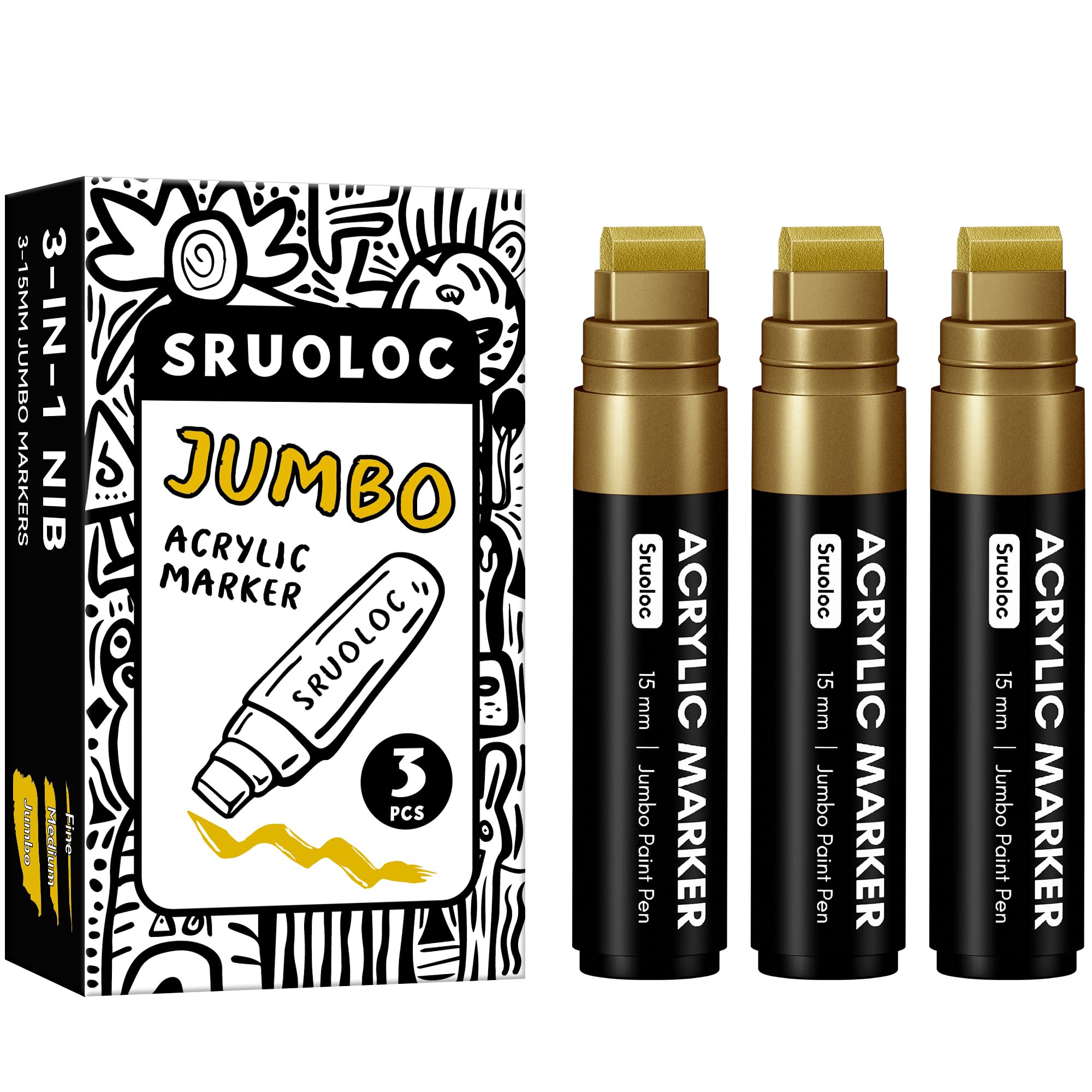 Photo 1 of *Minor Damage*
SRUOLOC 3 Jumbo Permanent Markers Gold, 15mm Thick Wide Tip, Large Acrylic Paint Markers for Rock Painting, Poster, Stone, Ceramic, Glass, Wood, Canvas