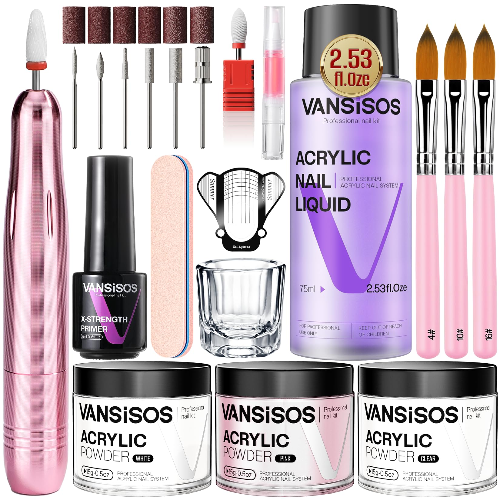 VANSISOS Acrylic Nail Kit with Drill: Professional Clear White Pink Acrylic Powder and Liquid Set with Nail Drill Acrylic Nail Brushes for Acrylic Nail Extension Application 0.5oz