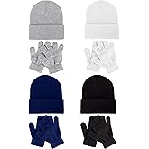Glooarm 8 Pack Kids Beanie Hats and Gloves Set Kid's Knitted Beanies Hat Winter Gloves for Boys Girls