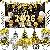 2026 New Year Eve Party Supplies for 24 Guests - New Years Decorations Black Gold, Large Happy New Year 2026 Banner , Glitter Cone Hats , Welcome Banner, Headwear, Eyeglasses and Party Blowers