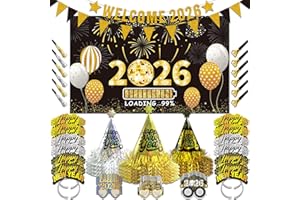 LECONCES 2026 New Year Eve Party Supplies for 24 Guests - New Years Decorations Black Gold, Large Happy New Year 2026 Banner , Glitter Cone Hats , Welcome Banner, Headwear, Eyeglasses and Party Blowers