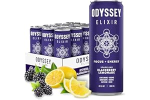 ODYSSEY ELIXIR Sparkling Mushroom Drink with Lions Mane and Cordyceps Adaptogenic Mushrooms, L Theanine and Green Tea Caffeine for Energy and Focus, Blackberry Lemon Twist Flavor, 12 Fl oz, 12 Pack