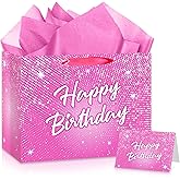 Shiny Pink Birthday Gift Bag for Lady Girls Large Hot Pink Happy Birthday Gift Bag with Tissue Paper and Card Disco Shining Stars Goodie Wrapping Bag for Women Bday Anniversary Party Supplies
