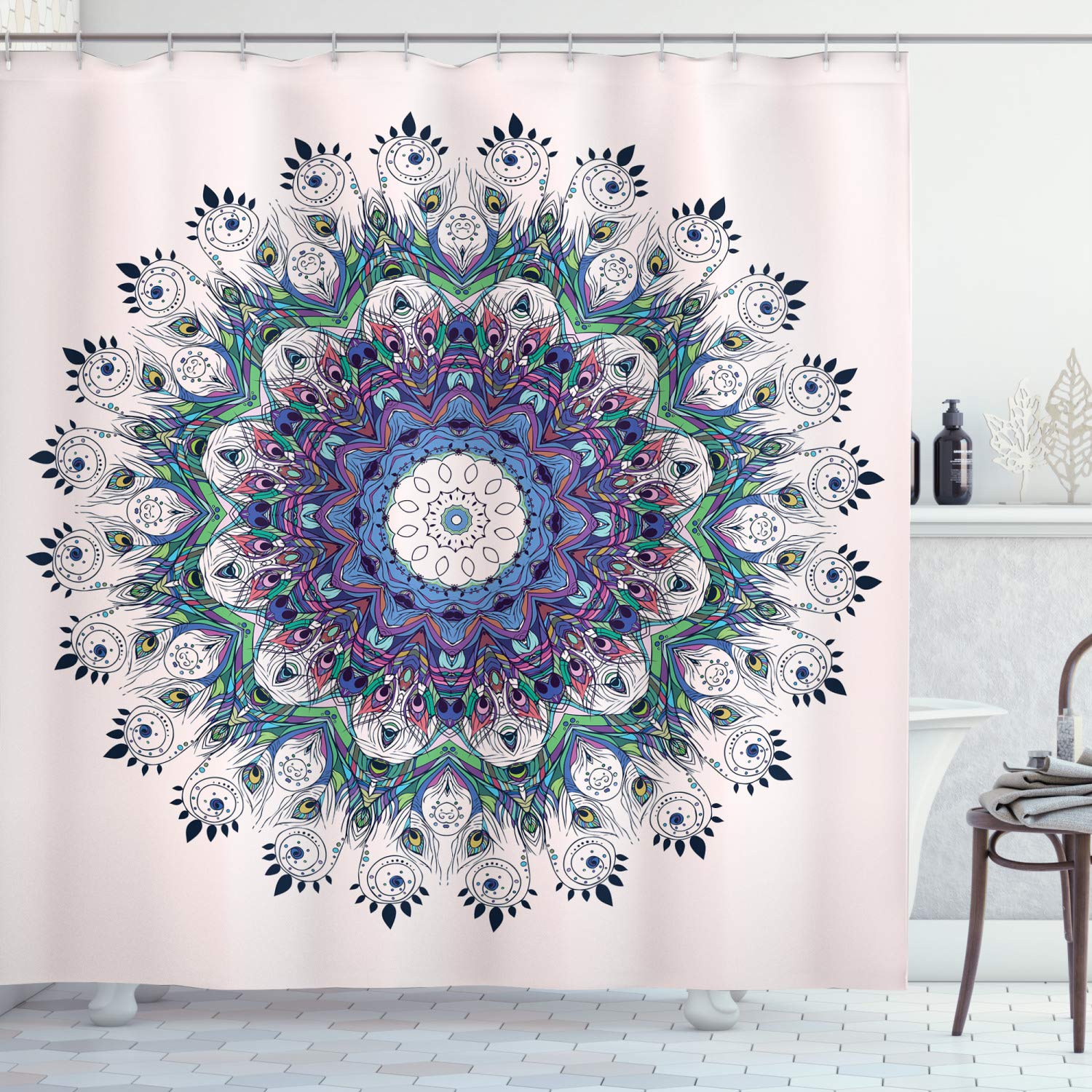 ABAKUHAUS Mandala Shower Curtain, Rich Colorful and Round with Peacock Feathers and Swirling Leafy Lines, Cloth Fabric Bathroom Decor Set with Hooks, 86 Inches Extra Long, Multicolor