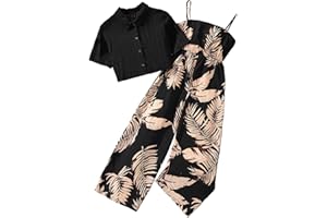 OYOANGLE Girl's 2 Piece Outfits Short Sleeve Button Down Shirt Crop Top and Wide Leg Pants Jumpsuit Set