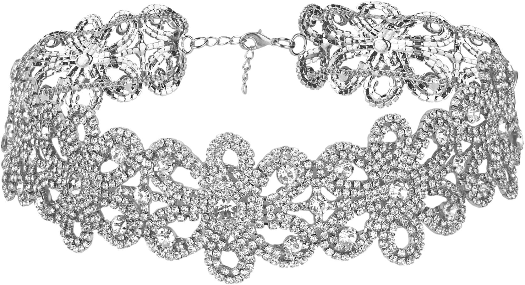 Boosic Wide Rhinestone Choker Necklace for Women, 15" Silver or Gold