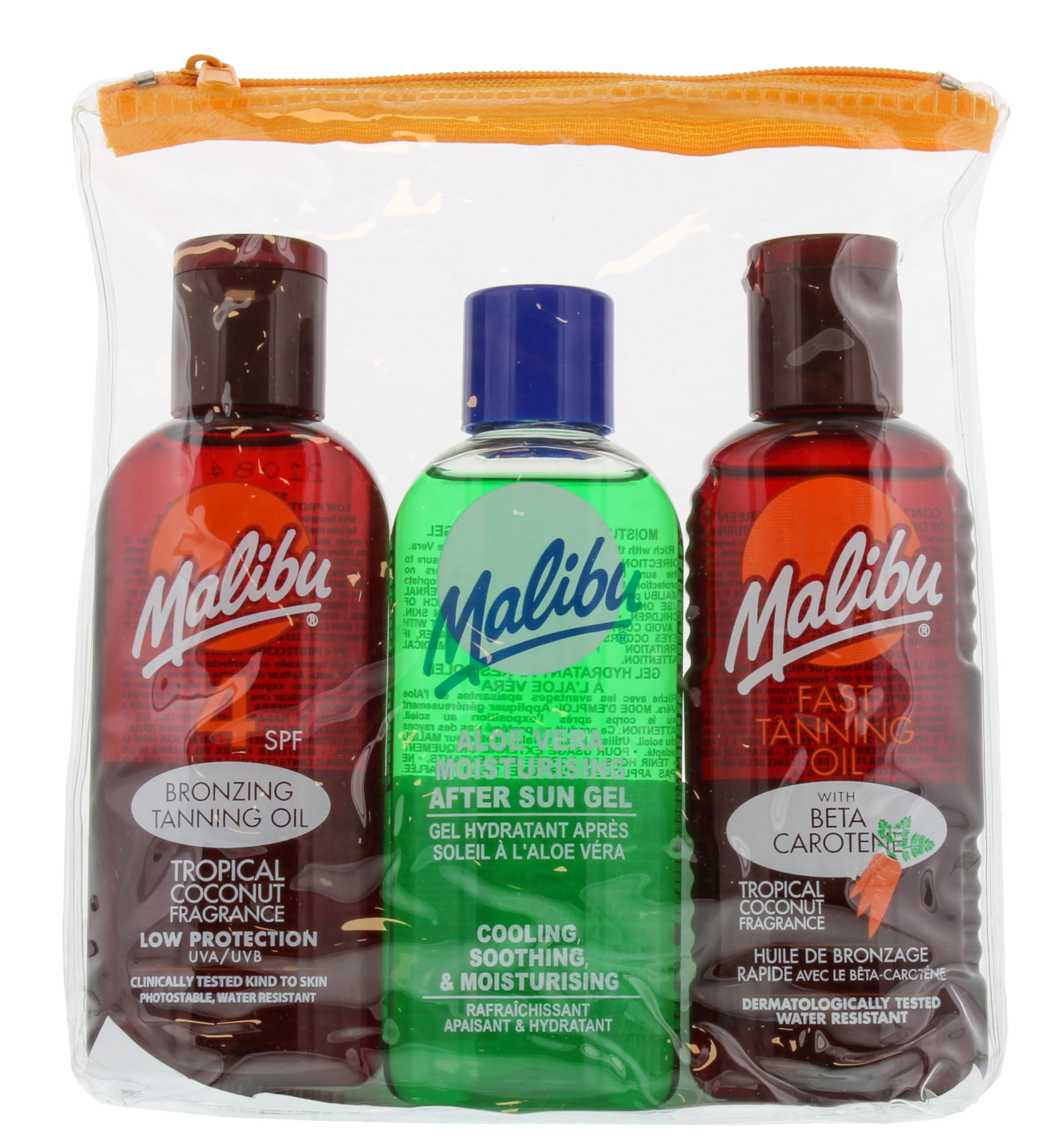 Malibu Sun Fast Tanning Travel Essentials, SPF 4 Bronzing Tanning Oil, Beta Carotene Tan Enhancer & Aloe Vera After Sun Gel, Water Resistant Holiday Travel Set, Tropical Coconut Fragrance, 3 x 100ml