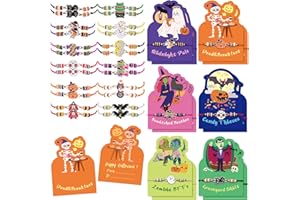 B Bascolor Halloween Bracelets Bulk with Gift Cards for Kids Women, 24pcs Halloween Jewelry Stackable Pumpkin Spider Ghost Charms Bracelets, Halloween Party Favors Goodie Bag Stuffers Classroom Gifts
