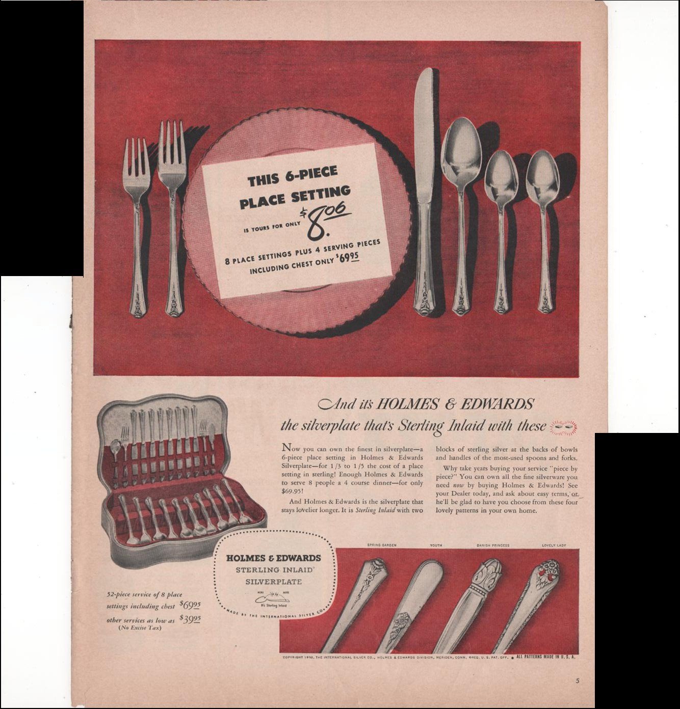 Holmes & Edwards Sterling Inlaid Silverplate Settings 1950 Antique Advertisement