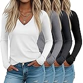Riyiper 4 Pack Women's Deep V Neck T-Shirts, Long Sleeve Slim Fitted Tee Tops Casual Fall Basic Tee Shirts