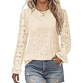 LOMON Lace Long Sleeve Tops for Women Fashion 2025 Eyelet Blouses Dressy Casual Crewneck Embroidered Shirts with Lining