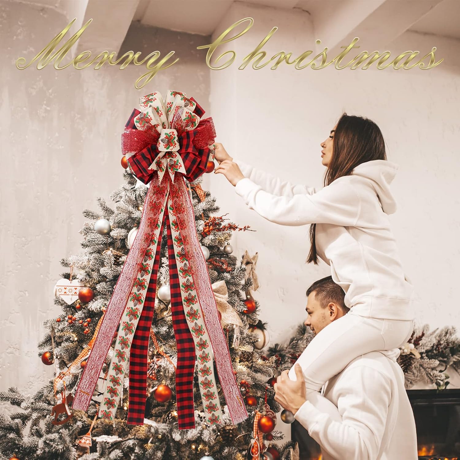 Tree Toppers - Christmas Tree Topper Bow, 11 * 20 Inches Large Toppers Bow Red Buffalo Plaid Decorative Bow for Handmade Christmas Tree Wreath Festival Holiday Party Home Decoration (L)