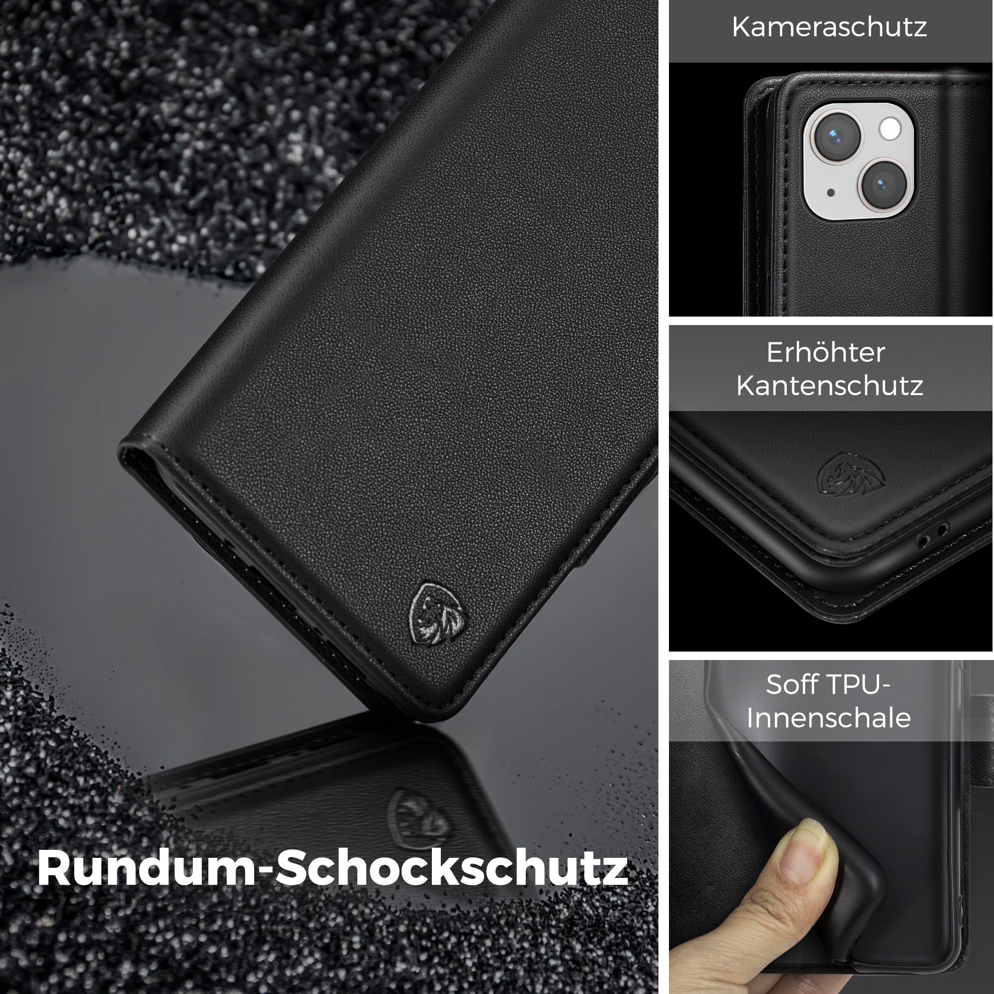 CASBST Handyhülle für iPhone 15 Hülle Premium Leder Schutzhülle Klappbar mit Kartenfach Ständer Magnet für iPhone 15 Handytasche mit RFID Kameraschutz Flip Case Klapphülle für iPhone 15 Schwarz