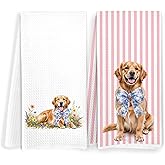 FITIE Golden Retriever Gifts Kitchen Towels, Pink and White Chinoiserie Bow Golden Retriever Dish Tea Towels, Grandmillennial Floral Dog Decorative Hand Towel for Bathroom, 16x24 Inch Set of 2
