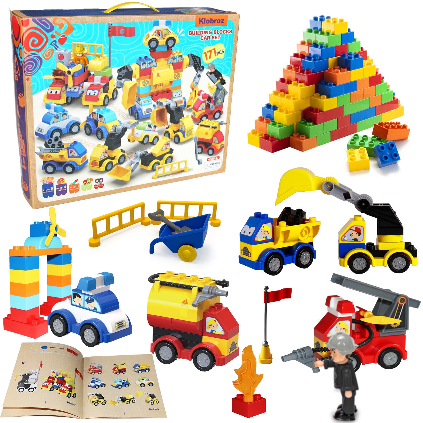 Klobroz Building Blocks for Toddlers 2-5, 171 Pieces Blocks Car Set for Kids Classic Large Building Bricks Compatible with All Major Brands Educational Toys for All Ages Image