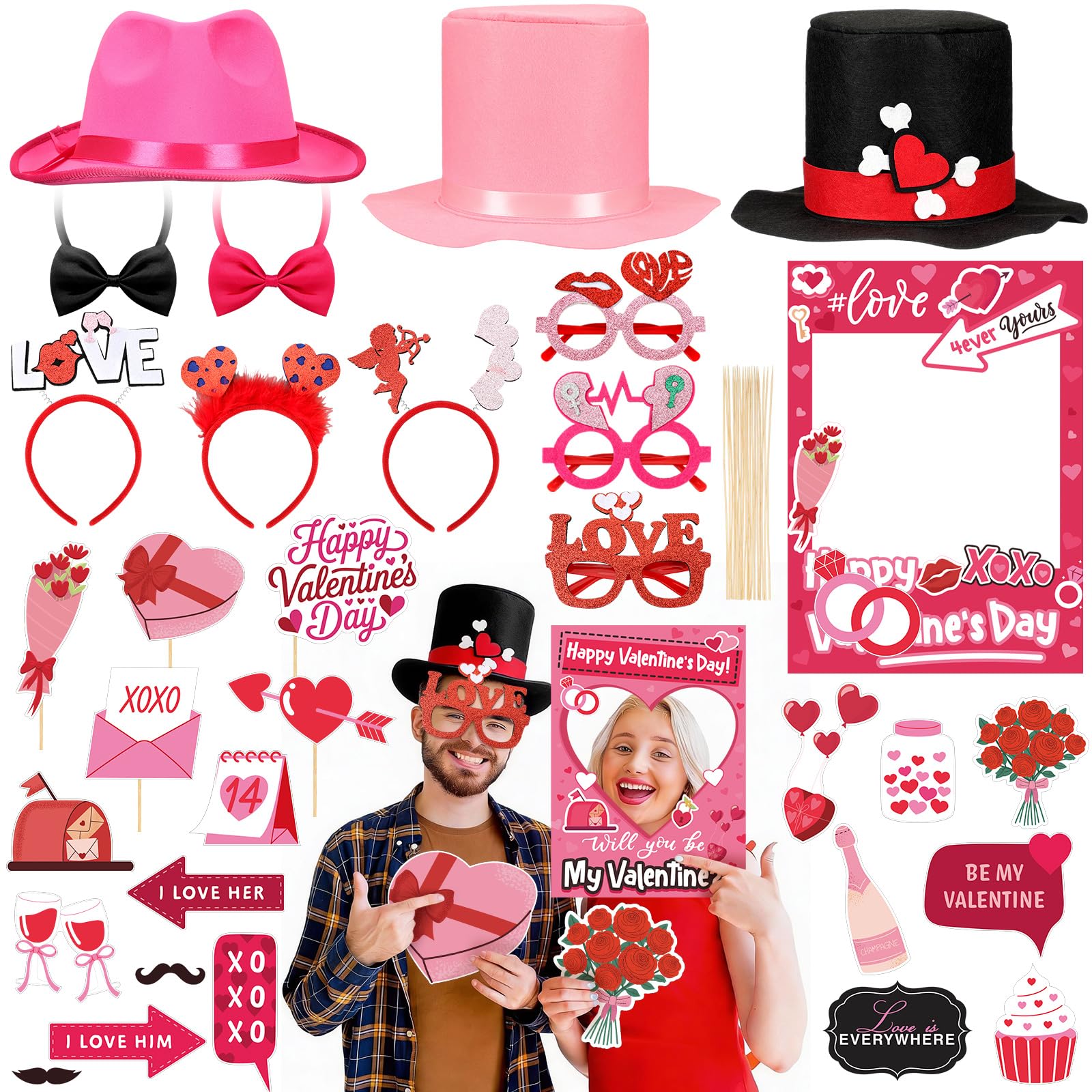 Photo 1 of Suncalla 34 Pcs Valentine's Day Photo Booth Props Kit Red Pink Celebrate Valentine Day Photo Props Funny Hat Glasses Headbands Kiss Wine Flower Photos Frame for Photoshoot Fun Wedding Party Decoration
