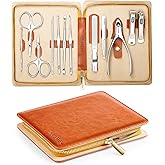 MR.GREEN 12-in-1 Manicure & Pedicure Set – Professional German Stainless Steel Nail Clippers,Cuticle Tools & Nail Care Kit, Travel Grooming Kit for Men & Women with Leather Case (Caramel Brown))
