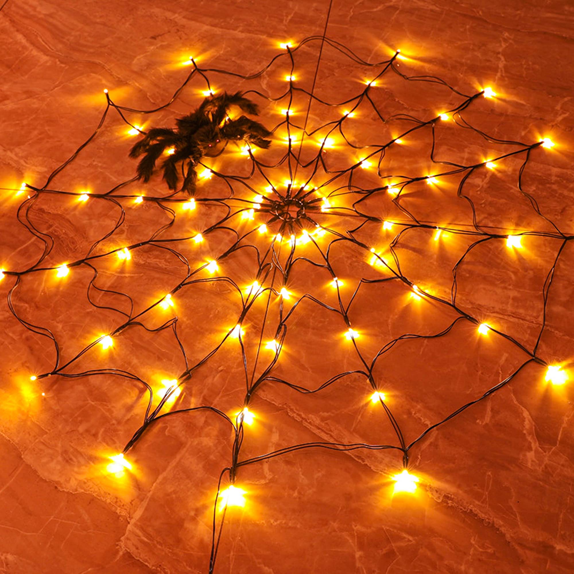 Photo 1 of FUNPENY Halloween 80 LED Orange Spider Web Lights with Spider, Battery Powered 8 Modes Light up Cobweb Halloween Decorations for Indoor Ourdoor Garden Yard Home Patio (Orange)
