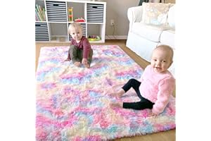 Ompaa Soft Fluffy Rainbow Kids Rug for Girls Bedroom Carpets, 4x6 Feet, Pastel Unicorn Room Decor, Kawaii Tie Dye Rugs for Teens Dorm Aesthetic, Shaggy Nursery Area Rug for Baby Toddler Princess Room