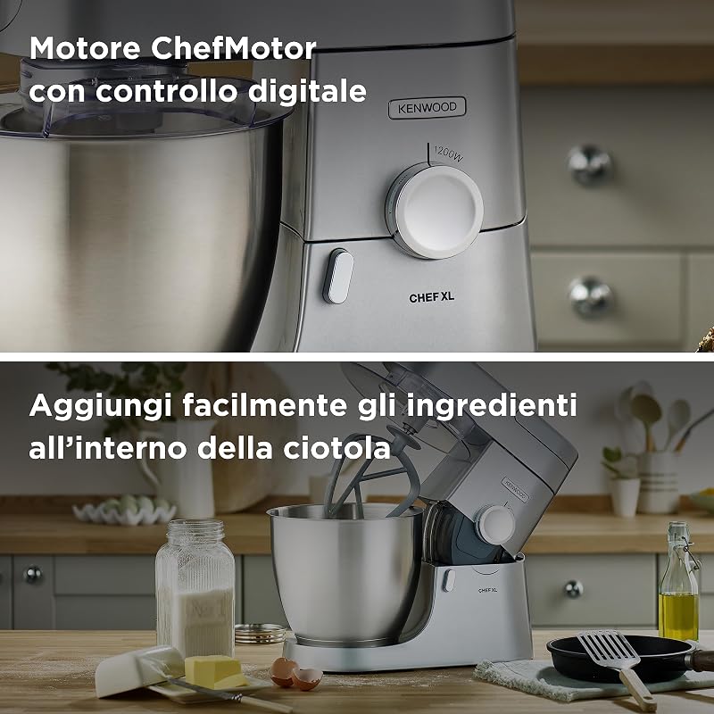 KVL4100S Impastatrice Planetaria Chef XL con Ciotola da 6,7L, 3 Ganci di Miscelazione, Personalizzabile con oltre 25 Accessori Opzionali Acquistabili Separatamente, Potenza 1200W, Silver