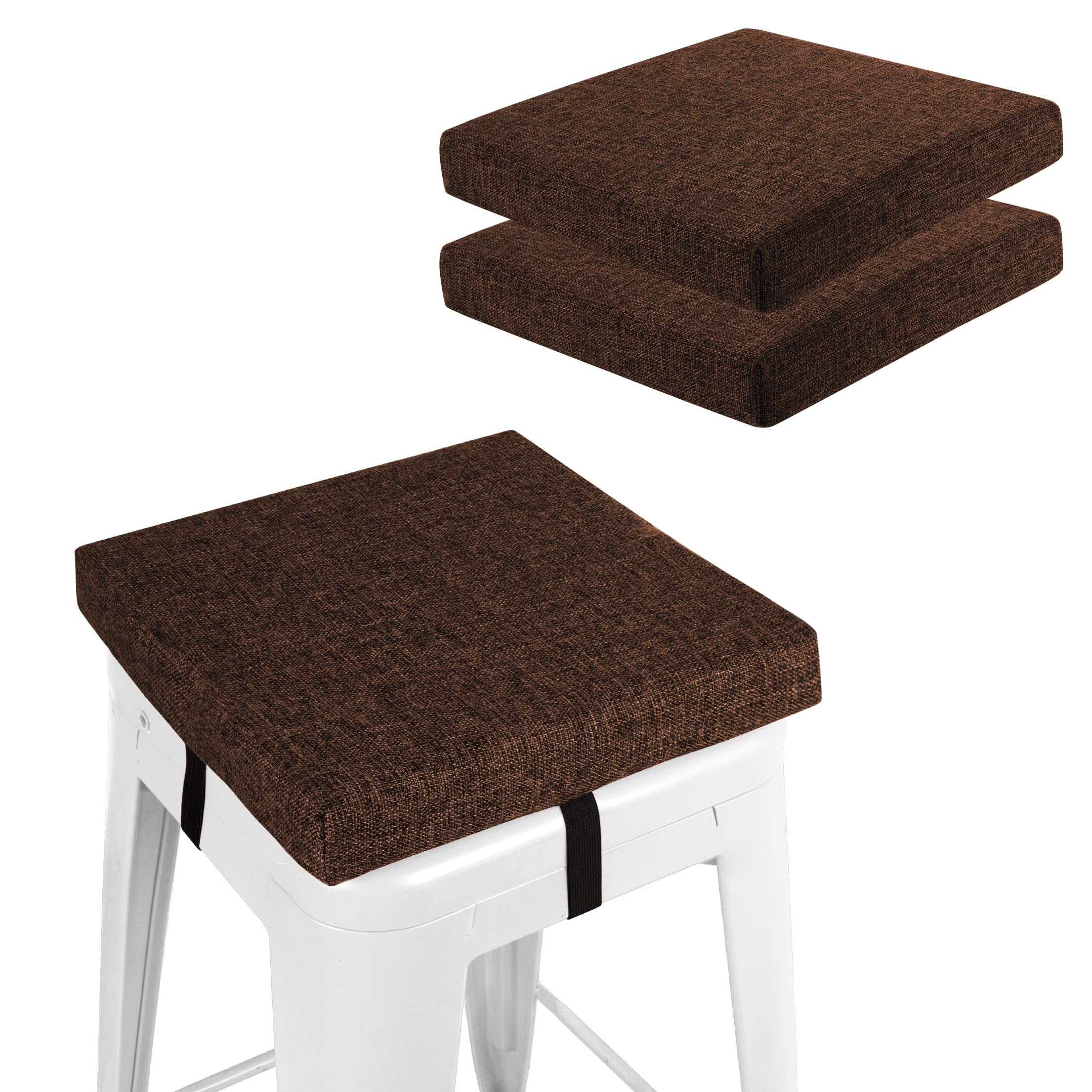 FlyGulls Square Bar Stool Cushions Non-Slip Chair Pads with Ties 2“ Thick Chair Cushions Set of 2 with Machine Washable Cover (30.5x30.5cm/12x12inch, Brown)