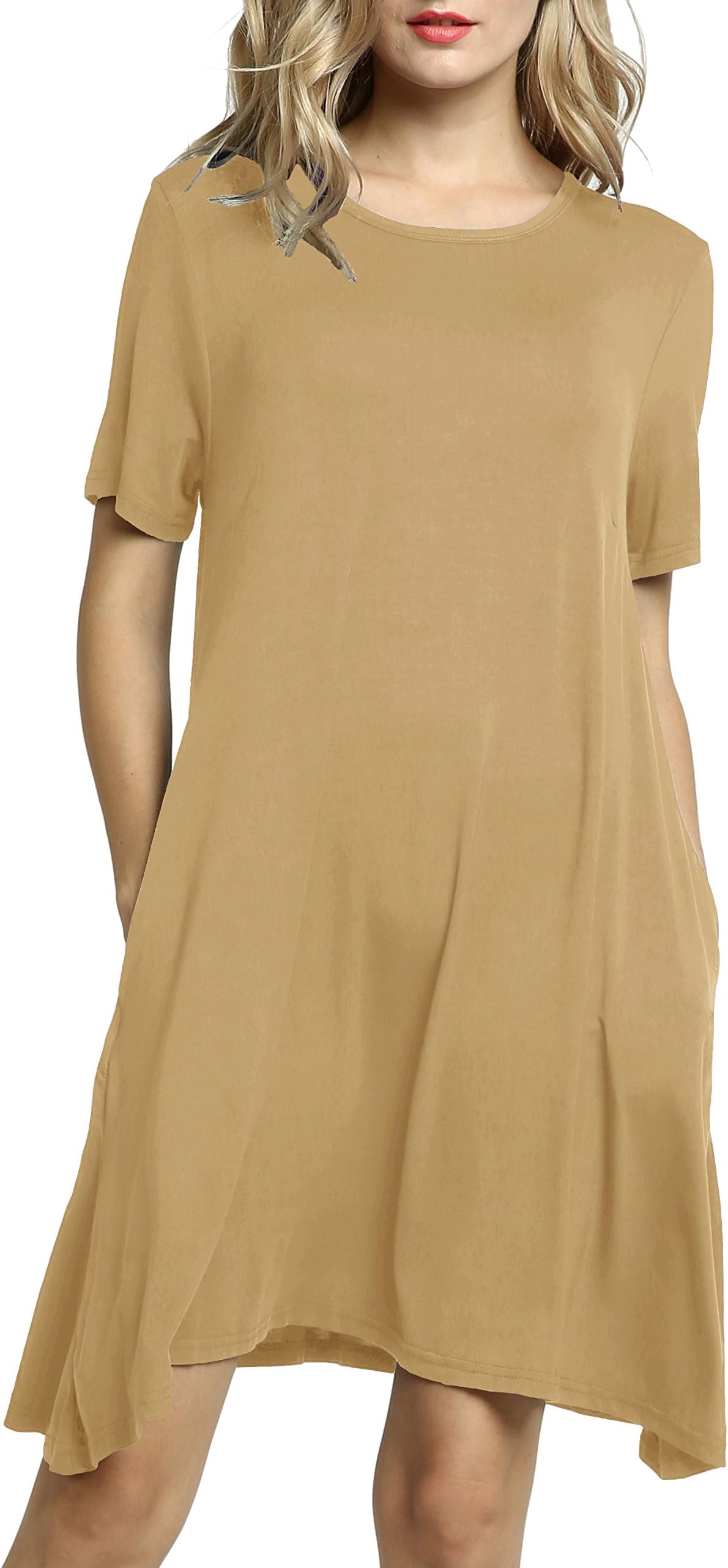 AfibiWomens Short Sleeve Loose Pockets Dress Casual Swing T-Shirt Dresses