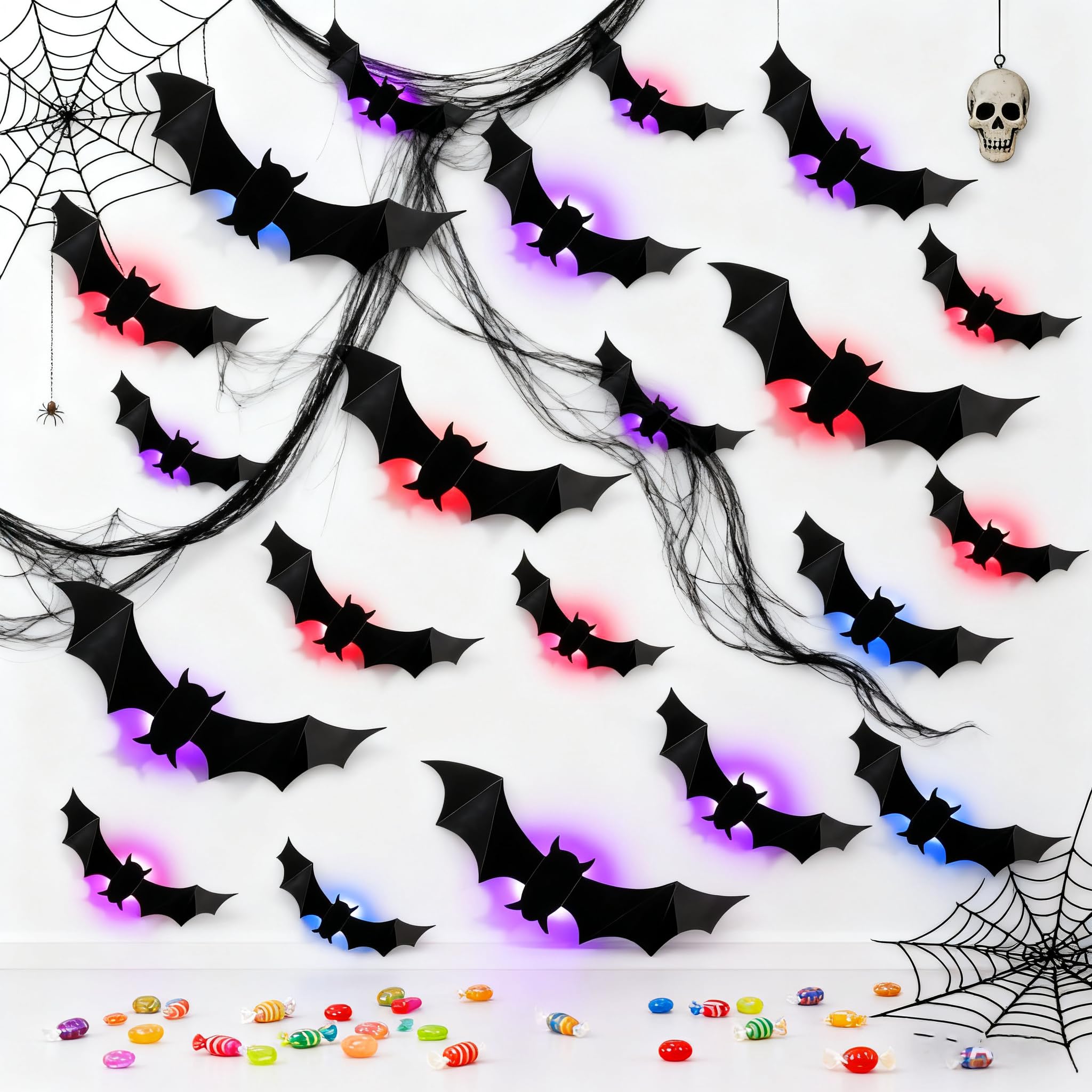Photo 1 of 2025 New Halloween 3D Lighted Bats, LED Lighted 3D Bats Halloween Decoration, Upgrade LED Glowing Bat Group Hanging Wall Luminous Glow Clings Multipack ?Bedroom Window Decorations (24Pcs Black)