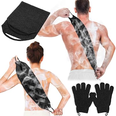 anezus Exfoliating Back Scrubber Gloves Set Black Nylon Bath Spa