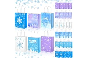 Henoyso 36 Pcs Christmas Themed Gift Bags Snowflake Goodie Candy Party Favor Bags with Handle Winter Wonderland Paper Bag for Birthday Holiday Xmas Party Supplies