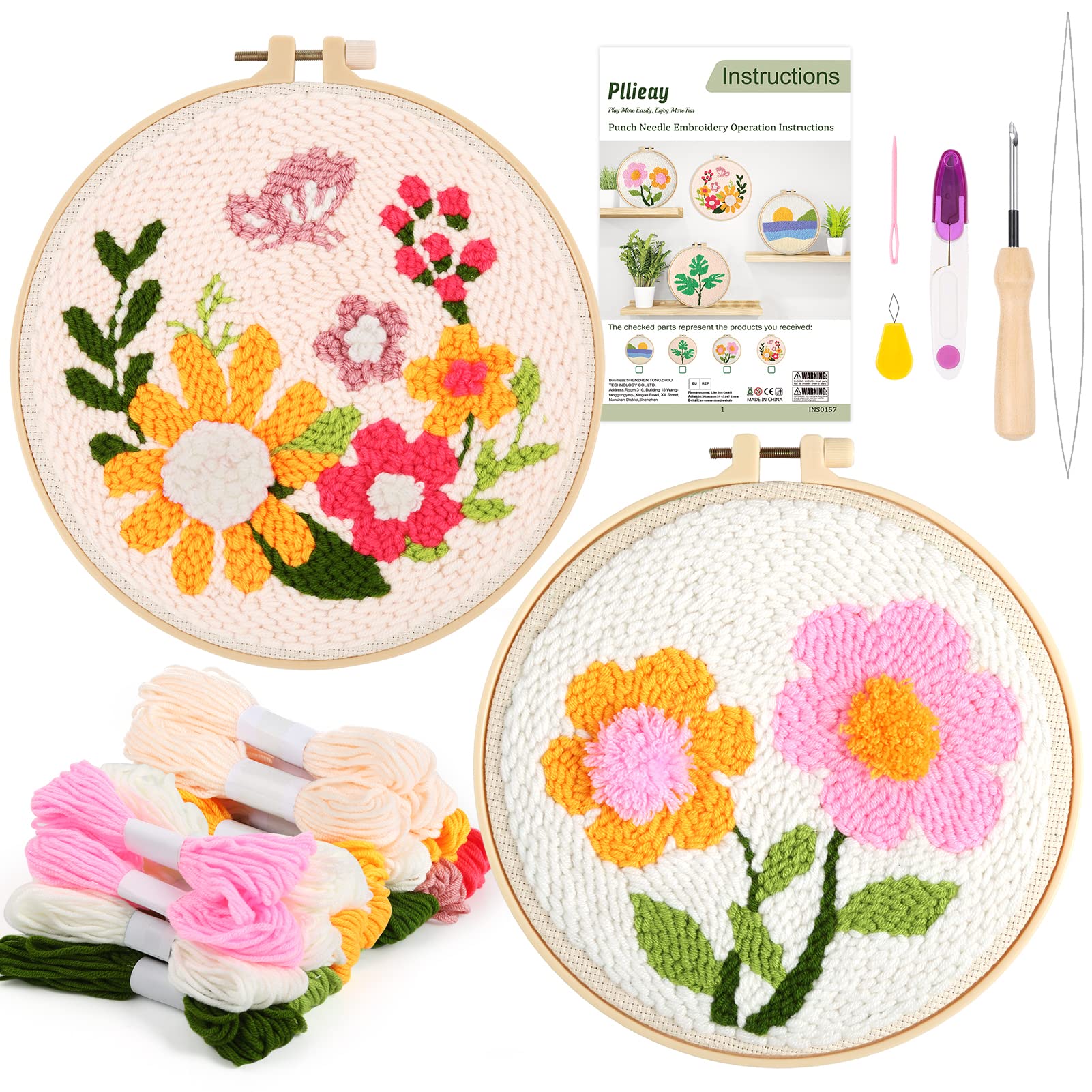 Pllieay 2 Set Punch Needle Embroidery Starter Kits include Instructions, Punch Needle Fabric with Pattern, Yarns, Embroidery Hoops for Rug-Punch & Pinch Needle